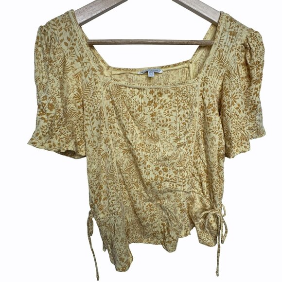 Lucky Brand Yellow Boho Floral Puff Sleeve Side Tie Blouse Top Womens Size M - Picture 5 of 5